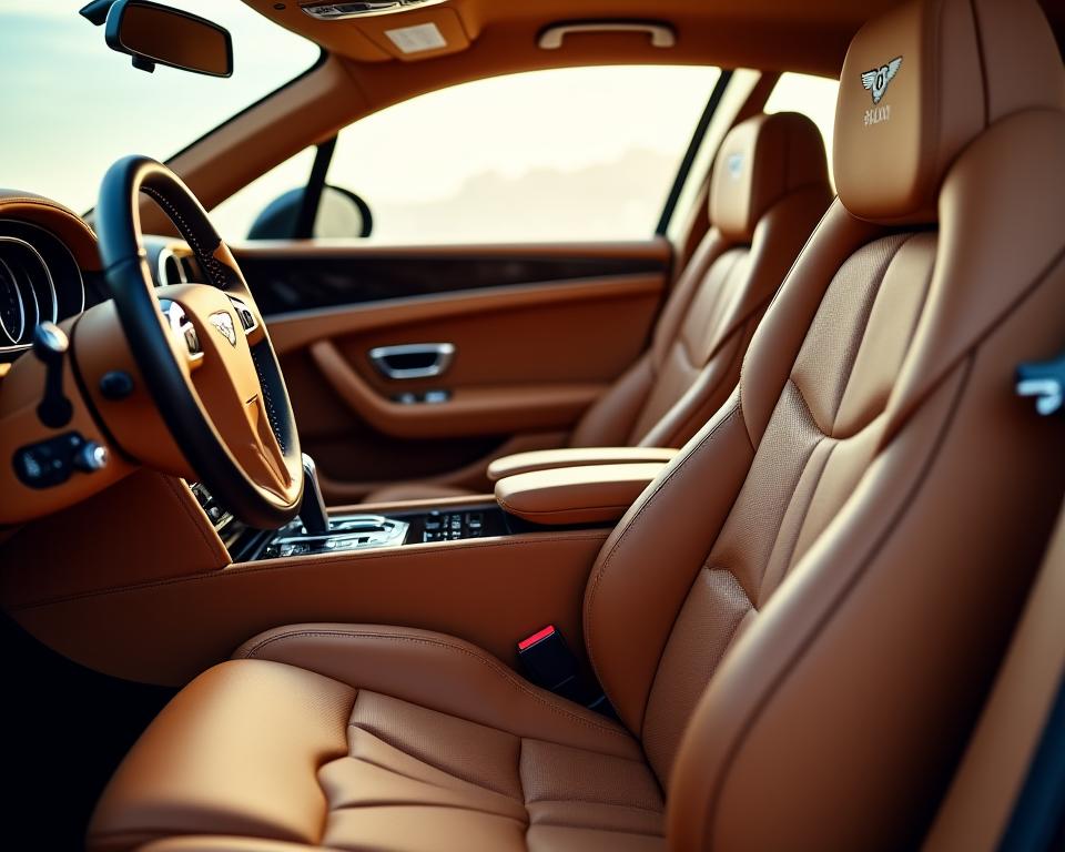 The pristine leather interior of a Bentley Continental GT.