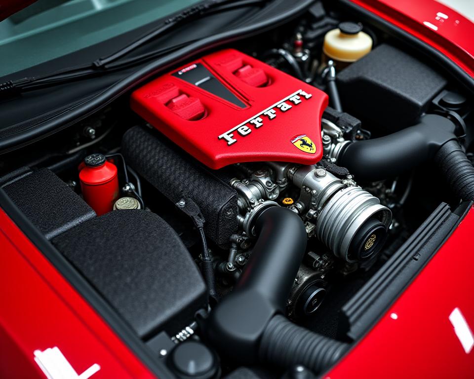 The engine bay of a Ferrari after a performance tuning service.