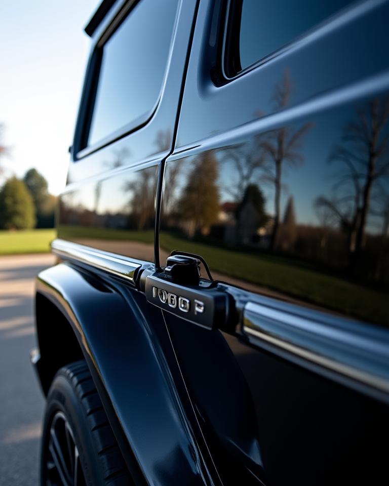 The mirror-like reflection on a Mercedes G-Wagon with ceramic coating.